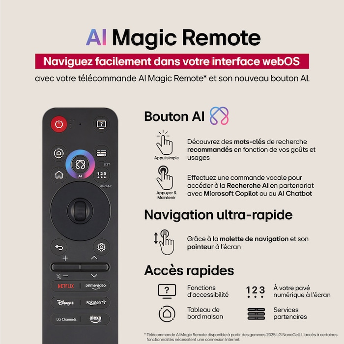 Sur un écran de LG QNED TV se trouve la page d’accueil webOS 25 remplie d’applications et de contenu de divertissement. La TV est équipée de la télécommande AI Magic Remote LG, le bouton IA est mis en évidence comme s’il était activé par la voix de l’utilisateur. Une bulle de texte se trouve à côté, passant à mon compte. Le texte court explique comment les utilisateurs peuvent désormais synchroniser leur voix à leur profil personnel pour profiter d’une navigation plus facile et de recommandations personnalisées.